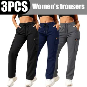 3-Pack Value Pack Women’s Cargo Wide-Leg Pants with Zipper Pockets, High-Waisted Elastic Waist, Straight-Leg Casual Sport PantsCasual Outfit3Pack pants that work for every occasion - lazy days, hiking, or street style