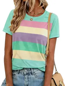 Women's Summer New Fashion Round Neck Wide Striped Print Short Sleeve T-Shirt, Soft Casual Vacation Commute, Loose-Fitting