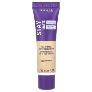 Rimmel London Stay Matte, Full Coverage Mattifying Foundation, 200 Soft Beige, 1 fl oz (30 ml)