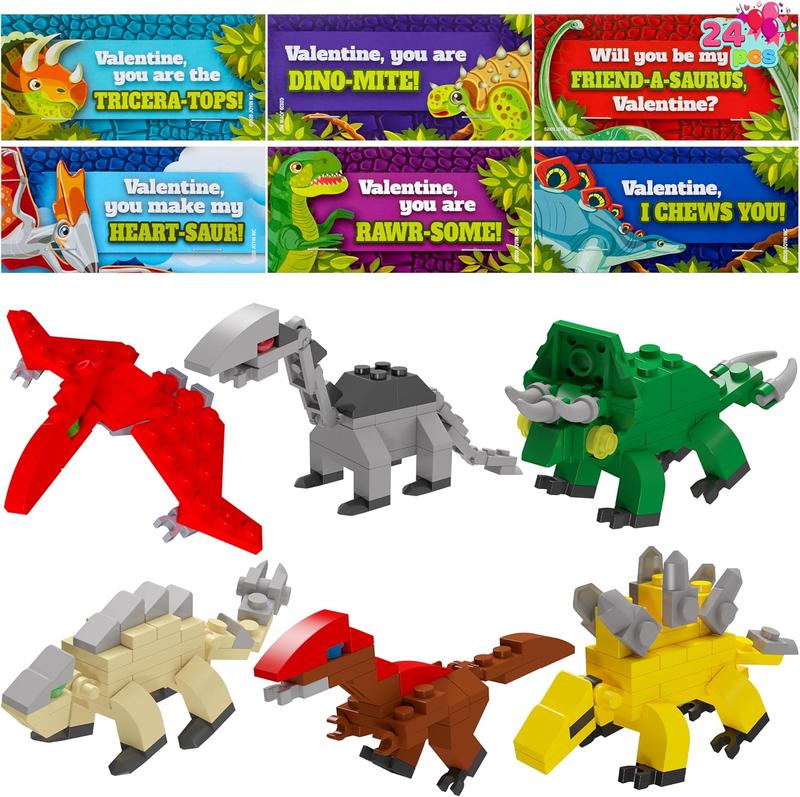 24 Packs Valentines Day Cards with Dinosaur Building Blocks for ...