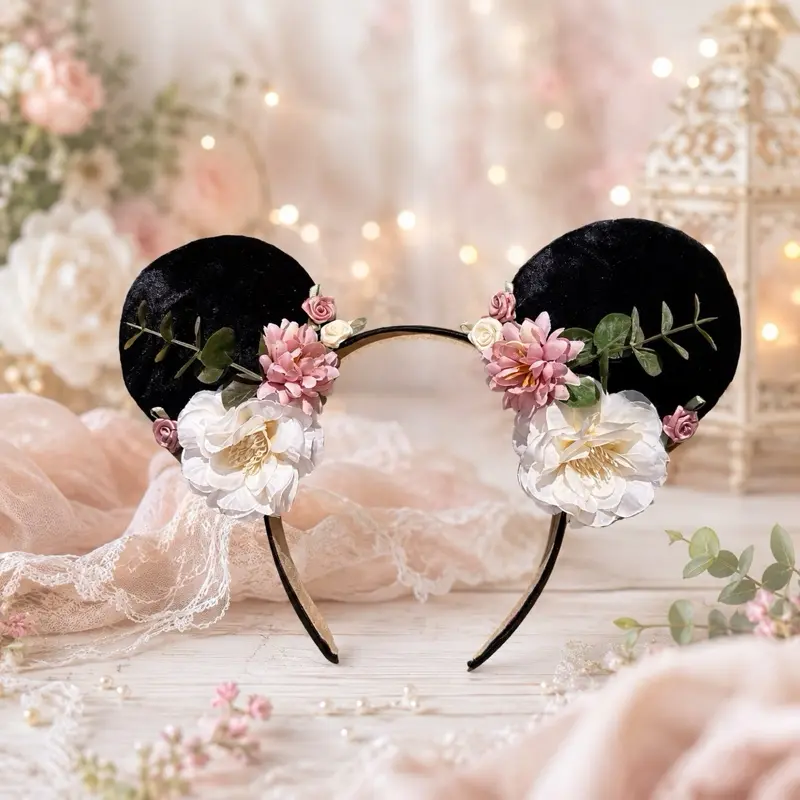 Romantic Floral Mouse Ears | Black Velvet Ears with Pink & Ivory Flowers | Fairytale Garden Headband | Handmade Theme Park Ears