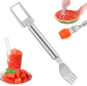 2-in-1 Watermelon Slicer & Fork – Stainless Steel Fruit Cutter Tool for Watermelon, Mango, Pitaya – Portable for Camping, Picnics, Home, Parties – Effortless Cubes & No Mess