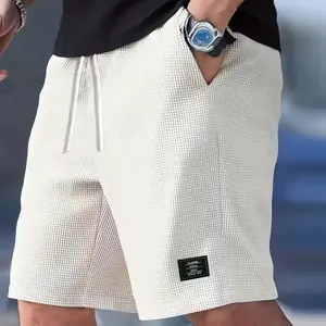 Men’s solid-color waffle shorts, casual athletic shorts, drawstring waist design, regular fit, outdoor men’s shorts