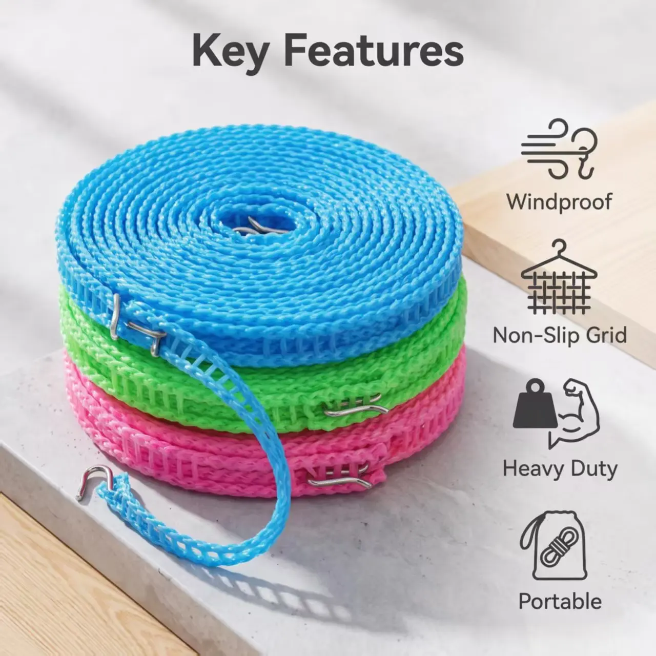 3-Pack Portable Windproof Clothesline – 5M Heavy-Duty Nylon with Metal Hooks – Perfect for Home, Travel, Camping & Dorm Use Hangers
