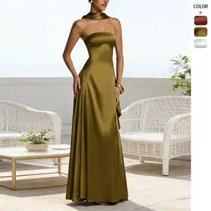 Womens Backless Tube-Top Waist-Cinching Evening Gown Long Dress
