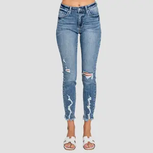 Mid Rise Ankle Skinny Jeans with Frayed Hem Distressed Look for Women