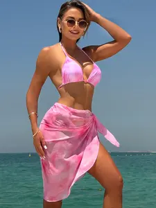 Women's Tie-Dye Bikini Set with Thin Long Sleeve Front Bottom Binding Cover-Up, Casual Slim-Fitting Three-Piece Swimsuit, Swimsuit for Beach