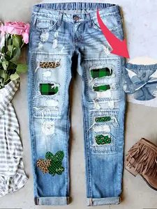 Women's Patch Ripped Distressed Mid-Waist Boyfriend Fit Washed Cute Floral Print Loose Denim Jeans Elastic Waistband Breathable Comfy for All Seasons