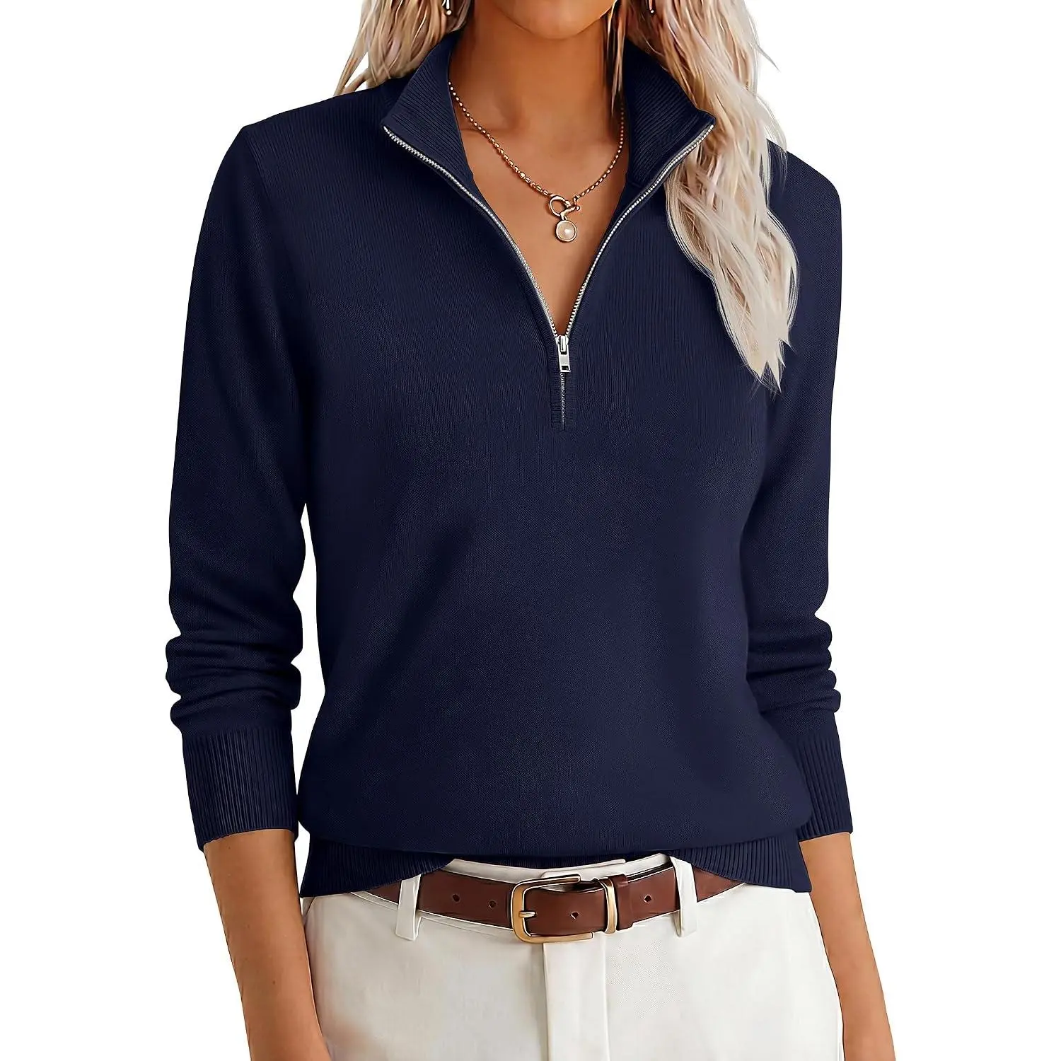 ANRABESS Women Quarter Zip Long Sleeve Pullover Sweater | Soft Medium Stretch Knit Fabric, Business Casual Office Work, Travel Vacation Wear, 2026 Fall Winter Fashion