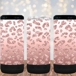 Pink to White Leopard Ombre Bluetooth Speaker 4 in 1 stainless steel can cooler Tumbler Holds Skinny Cans, Regular 12oz Cans & 12oz Bottles it keeps beverages cold or hot for hours.