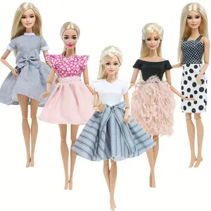 5-Piece Set for 30cm Dolls, Gentle Feather Fringe Skirt & Striped Maxi Dress, Princess Style Clothing (doll Not Included)