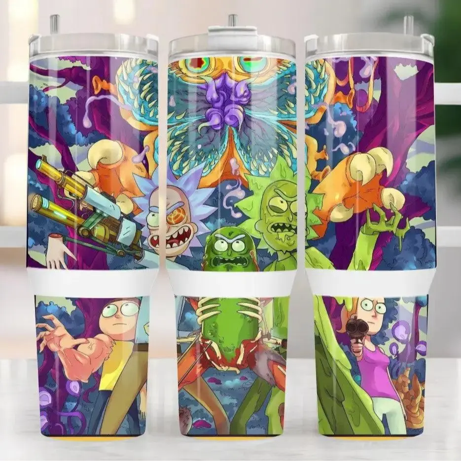 Rick and Morty Action Tumbler 40oz With Handle & Straw, Pickle Rick Fan Gift, Insulated Ice Cup with Straw Double Wall Vacuum Insulated Travel Mug, Eco-Friendly, Gift for Your Health