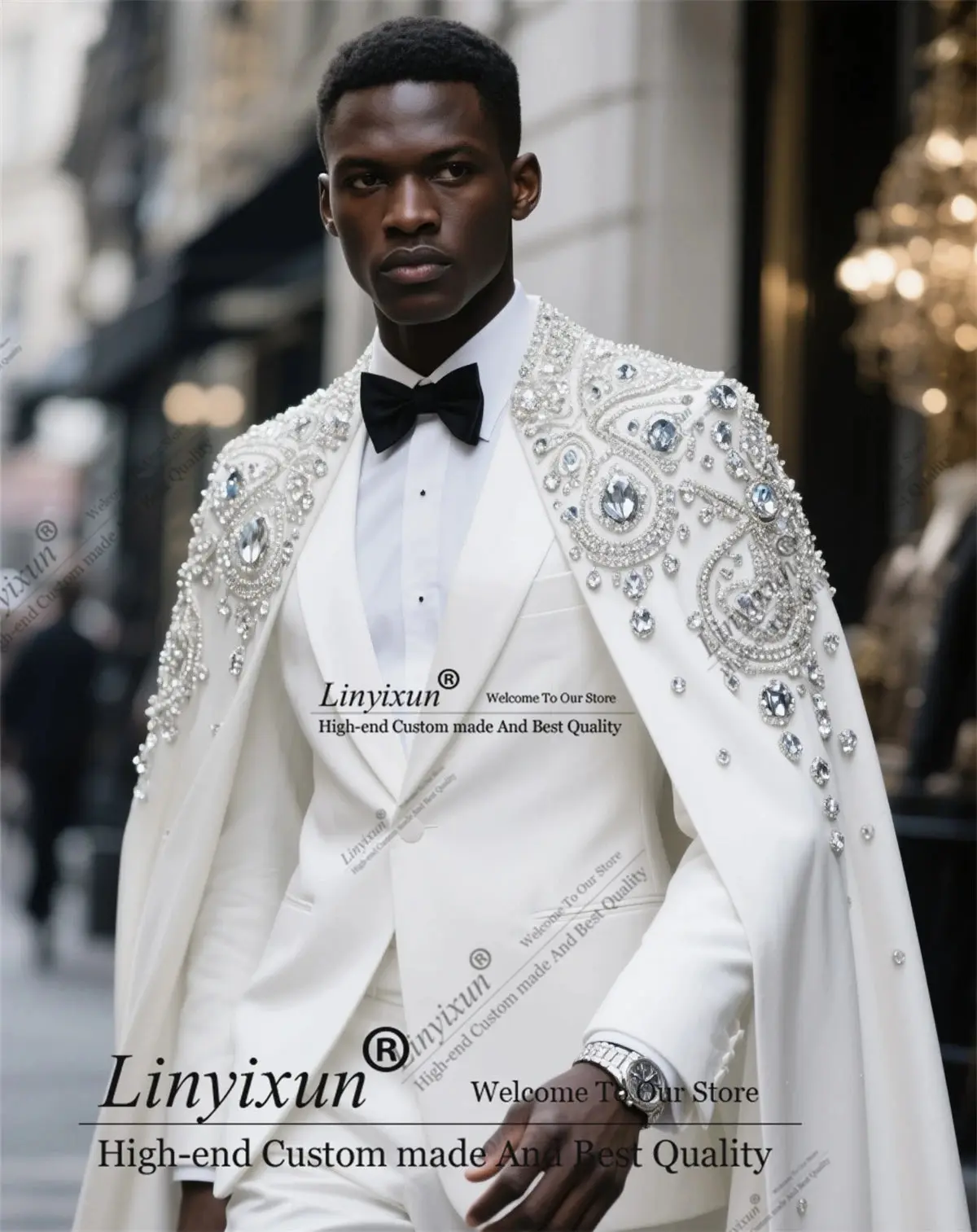 High-end Fashion Diamond Men Suit Beaded Wear Cloak Groom Prom Tuxedo Customized 2 Piece Sets Groom Blazer Male Party Ropa Hombr