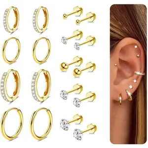 9 Pairs Earrings Sets for Multiple Piercing Hypoallergenic 14K Gold Plated Small Huggie Hoop Earrings for Women Tiny Ball CZ Gold Flat Back Stud Earrings for Women Lobe Helix Cartilage Earrings