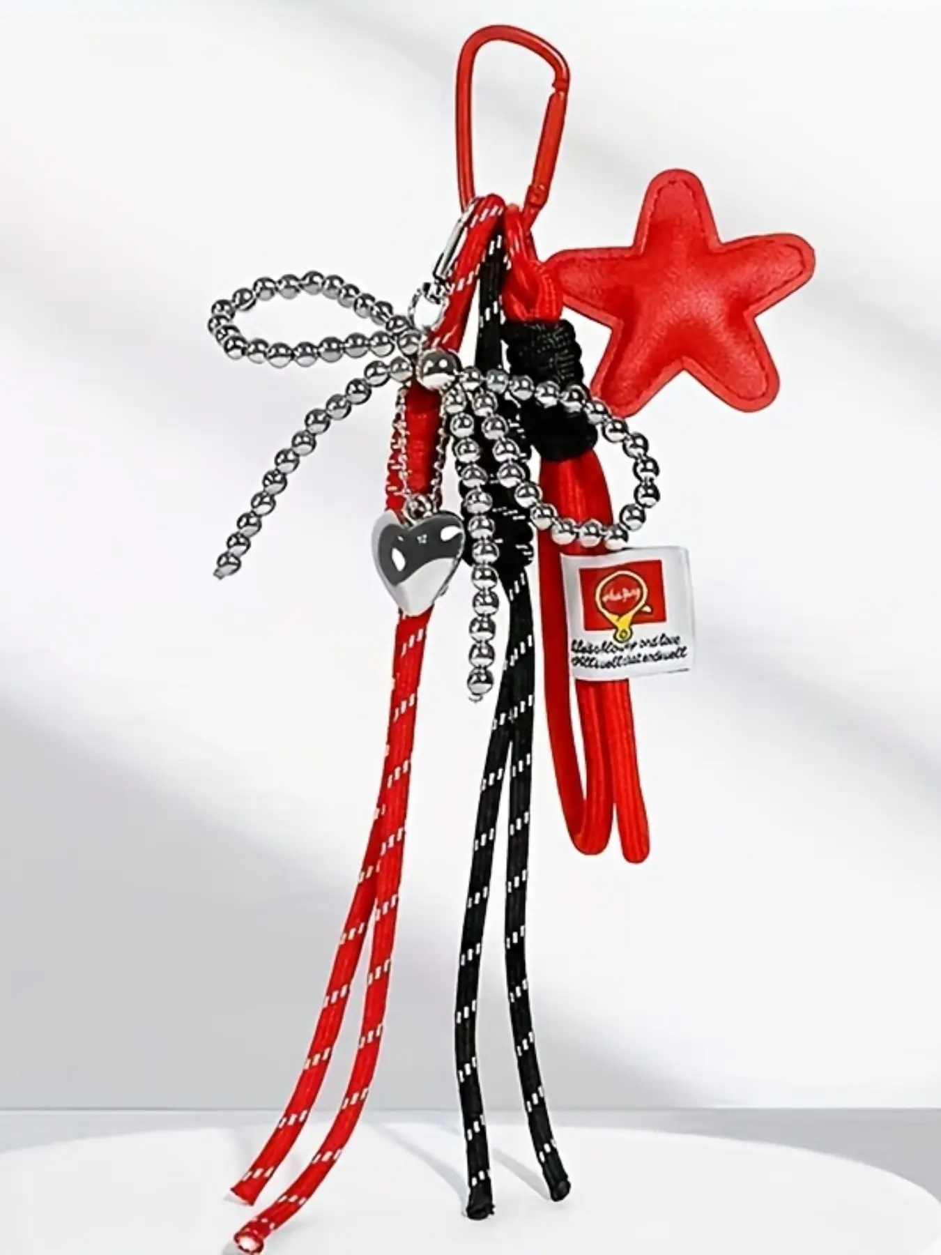 Y2k Style Heart Bow Bead Star Keychain, Keychain Accessories, Woven Rope Five-Pointed Star Bag Charm Pu Leather Star Accessory Heart Pendant Lanyard for Purses Handbag Backpack Decoration, Star Keyring Accessory, Key Charms