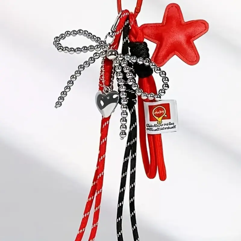 Y2k Style Heart Bow Bead Star Keychain, Keychain Accessories, Woven Rope Five-Pointed Star Bag Charm Pu Leather Star Accessory Heart Pendant Lanyard for Purses Handbag Backpack Decoration, Key Chain Decorations, Star Keyring Accessory, Key Charms