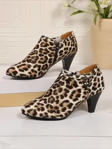 Leopard Print Block Heel Ankle Boots for Women, Zipper Office Heeled Shoes