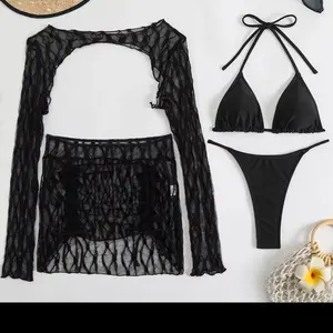 Black 4-Piece Beachwear Set – Bikini + Skirt + Mesh Arm Sleeves