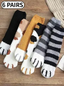 6 pairs/12 pairs of mixed-color plush mid-calf women's socks, Animal cute cat paw non-slip floor socks, comfortable socks, suitable for daily home/office use, an excellent choice for Valentine's Day gifts