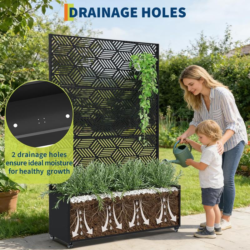 Garvee Joanakren Metal Planter Box with Trellis and Wheels, 71"Raised Garden Bed for Climbing Plants, Vegetables, Vines, Privacy Planters for Patio with Drainage Holes, 15.7" Deep Planting Bed（Antique Black）