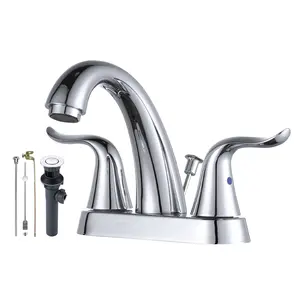 WOWOW Bathroom Faucet 2 Handle 4 Inch Centerset Bathroom Sink Faucet Lead-Free Basin Mixer Tap Lift Rod Drain Stopper, Two-Handle Center-Set Lavatory Faucet Chrome
