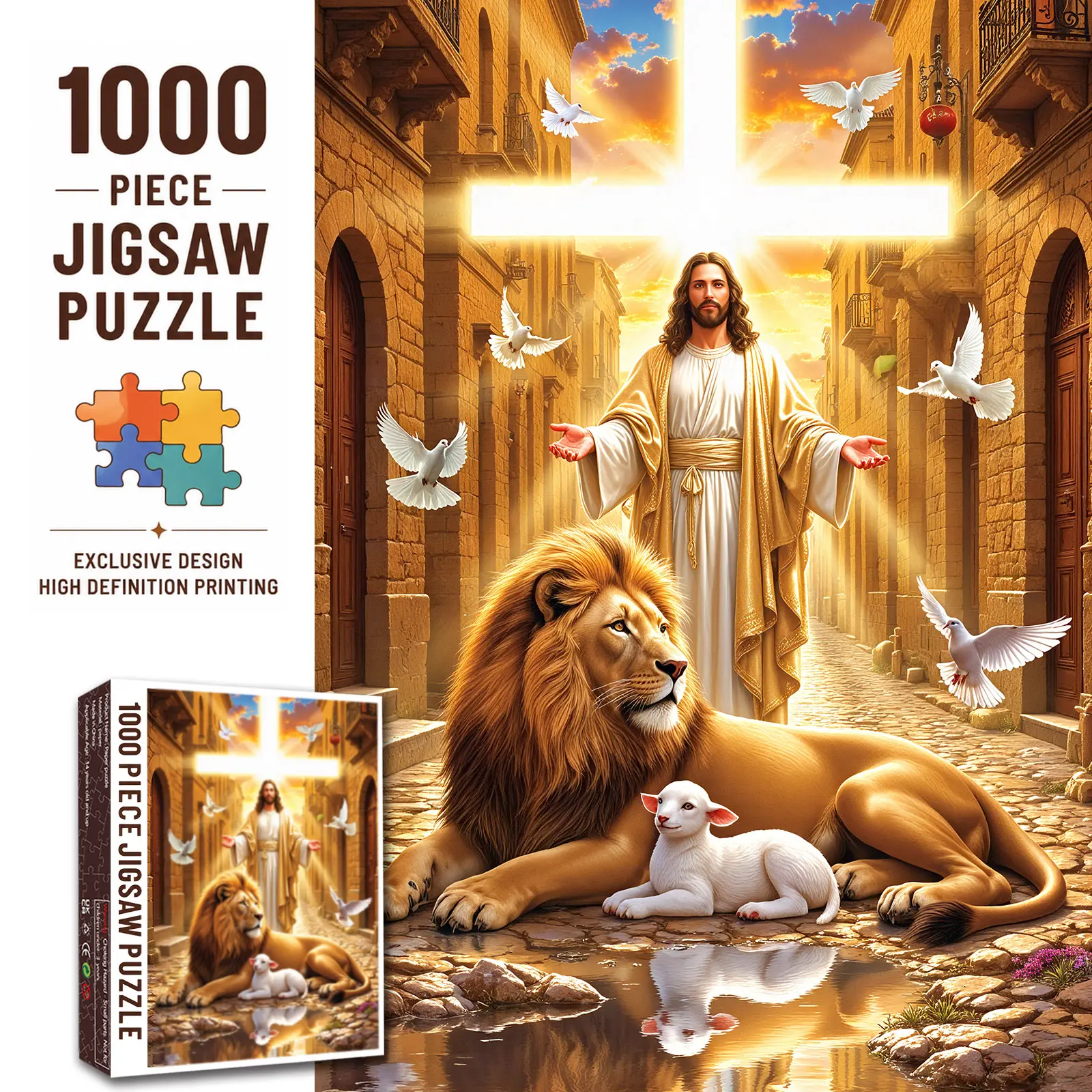 Walarky Jesus Lion and Lamb 1000 Pieces Jigsaw Puzzle for Adults, Christian Faith Art, Challenging Family Game for Stress Relief Relaxation Brain Exercise, Religious Gift for Seniors and Wall Decor 27.5x20inch(70x50cm)