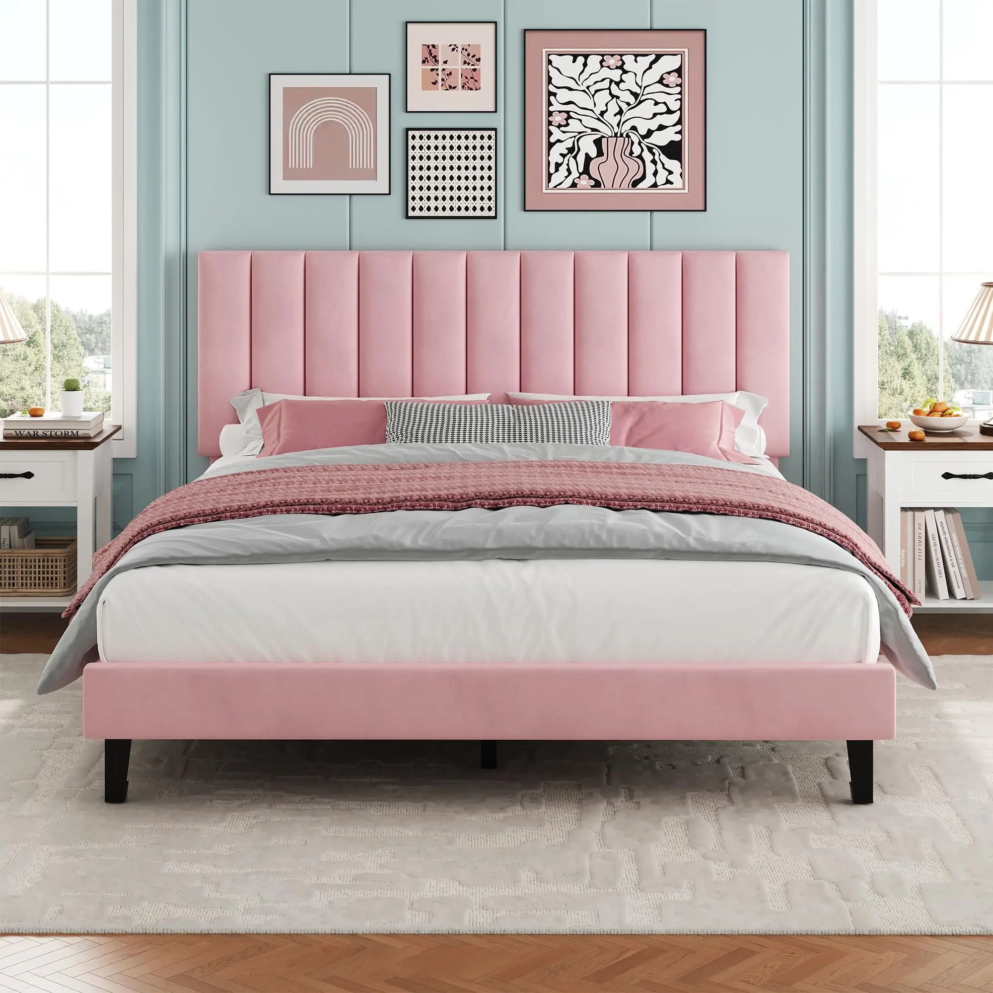 Garvee Queen Size Bed Frame, Velvet Upholstered Platform Bed with Adjustable Vertical Channel Tufted Headboard, No Box Spring Needed, Easy Assembly, Pink
