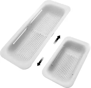 Collapsible Sink Colanders and Strainers Basket Over the Sink Colander Collapsible Colander Extendable Plastic Fruit Vegetable Strainer Drainer Basket for Kitchen (Length 14.2 inch-19.5 inch) (White) outdoorfun