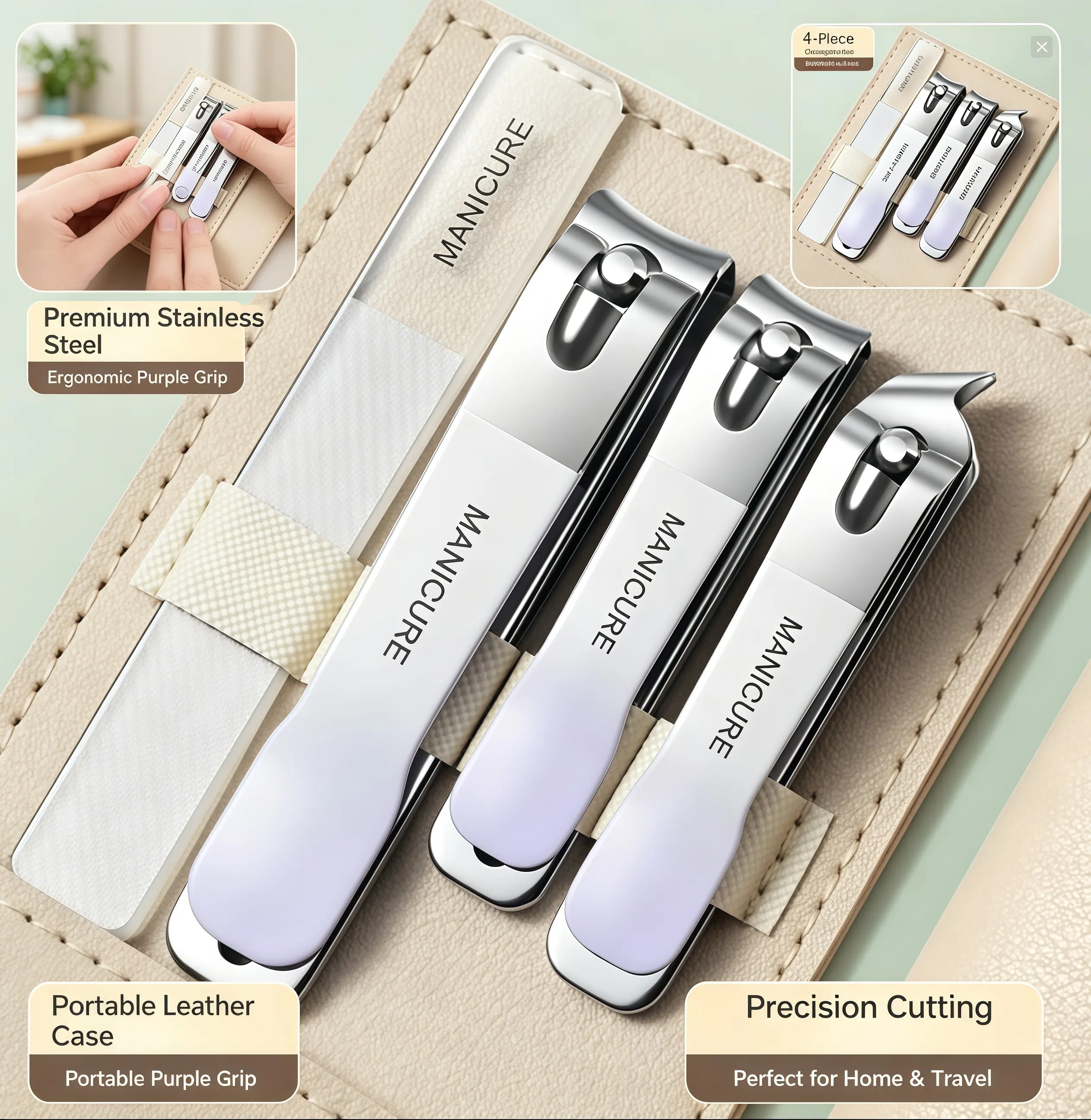 New Nail Clippers set 4 with RotatingLeather Bag Professional TrimmerPedicure Care Tools Manicure SetHome Care Gift for Home & Travel