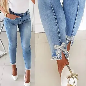 2025 Slim Jeans For Women Butterfly Sticky Flowers Beads Slit Feet Pencil Trousers Sexy Springtop women's jeans Denim Tiktokshopbacktoschool