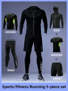 Men's Casual Sports Set, Breathable Compression Long Sleeve & Short Sleeve Tees, Reflective Hoodie Jacket, Shorts & Leggings