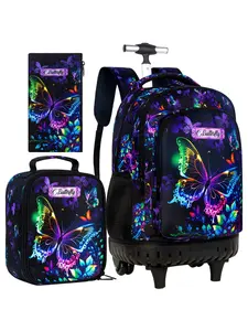 3PCS Rolling Backpack for Girls, Womens Butterfly School Backpacks with Wheels, Roller Kids Wheeled Bookbag Set with Lunch Box