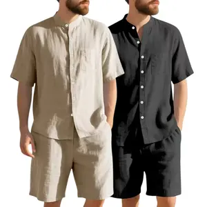Men’s new linen blend short-sleeve shirt and solid shorts set: a loose casual solid-color shirt paired with matching elastic drawstring shorts in the same color family; vacation set available in multiple colors.