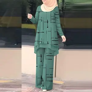 Vintage Stylish Muslim Suit 2PCS Long Sleeve Blouse Pant Sets Islamic Clothing Female Casual Floral Printed Matching Sets