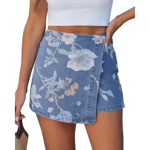 Denim Skorts for Woman Trendy Floral Print Faux Wrap Stretchy High Waisted Jean Shorts Skirt Skort