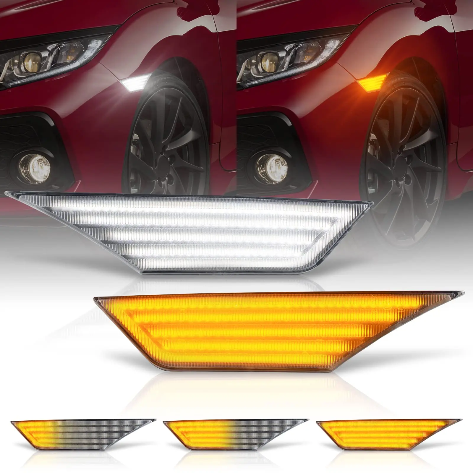 Gempro Switchback LED Side Marker Lights Sequential Turn Signal Lamps fits for 2016-2022 10th Gen Honda Civic Sedan Coupe Hatchback, White&Amber Front Fender Reflector Parking Light, Clear Len,2 Pcs