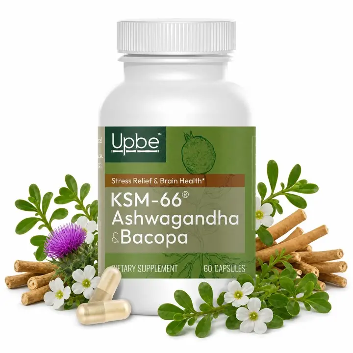 Upbe KSM-66 Ashwagandha + Bacopa + Milk Thistle Herbal Dietary Supplement, 3-in-1 Premium Strength Patented Extract - Cortisol Support, Cognitive Function, Liver Health, Hormonal Balance - 60 Capsules, No Artificial Flavors