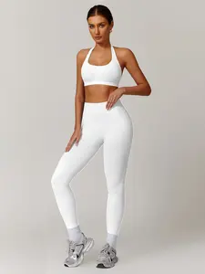 Women's white, seamless, fitness yoga gym suit, sexy leaking back sports bra and high-waisted leggings to highlight the figure, fashionable sportswear specially designed for women, suitable for spring, summer, autumn and winter wear (suitable for gym and