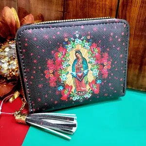 Virgen de Guadalupe mini wallet printed pattern two sides short bi-fold canvas zip around mini wallet