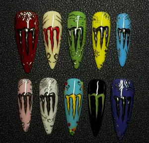 Monster Energy Press On Nails, Iconic Style Reusable False Nails, Glossy Reusable Fake Nails Set, Punk Monster Nails, Y2K Zebra Stripe Studs