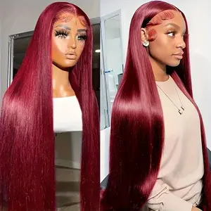 ERQQ Hair Straight Synthetic wig 13x6 HD Lace Front Wigs Pre-Plucked Long 200% Density Lace Heat Resistant Natural High Quality Wig For Black Women Beginner Friendly 30 Inch 99j Burgundy