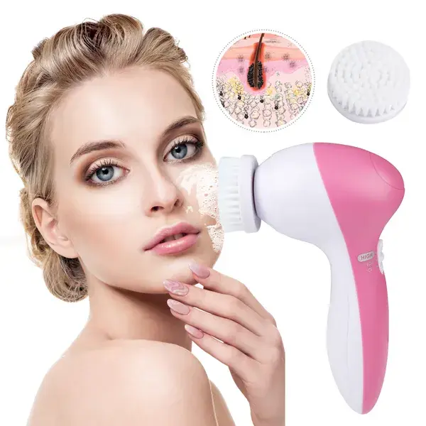 5-In-1 Multifunctional Facial Cleanser/Facial Beauty Wash Brush with 5 Rotating Massage Heads/Battery Powered (Battery Not Included)/Used for Exfoliating Skincare Facial Rotating Cleaning Tool/Cleansing Exfoliating Facial Sponge