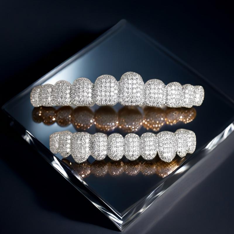 2pcs/ Set Hip Hop Cubic Synthetic Zirconia Teeth Grills Punk Tooth  Cosplay Rapper Jewelry Glittering Hip Hop Cubic Synthetic Zirconia Teeth Grills - 20pcs Top & Bottom Set for Rappers  Instantly   gold  teeth  cap Oral