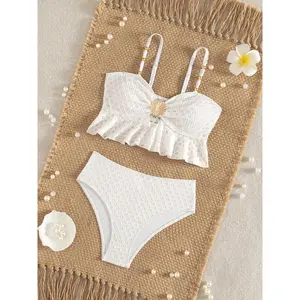 Metal Shell Solid Color Girls' 2pcs Swimsuit