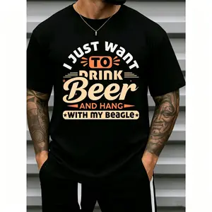 Men's Funny Beagle Beer Hangout Graphic T-Shirt Casual Short Sleeve Round Neck Tee with | Want to Drink Beer & Hang with My Beagle Slogan & Beagle Dog Design -Humorous Gift for D Same Style for Men and Women 2026 Summer Short-sleeved