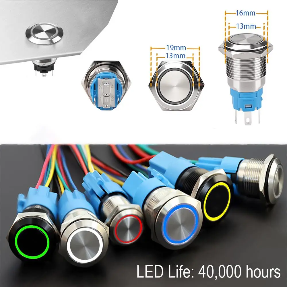 Push Button Switch Momentary Action 1NO 1NC Contact Stainless Steel 16mm Body with Blue Ring LED IP65/IP67 Home Appliance