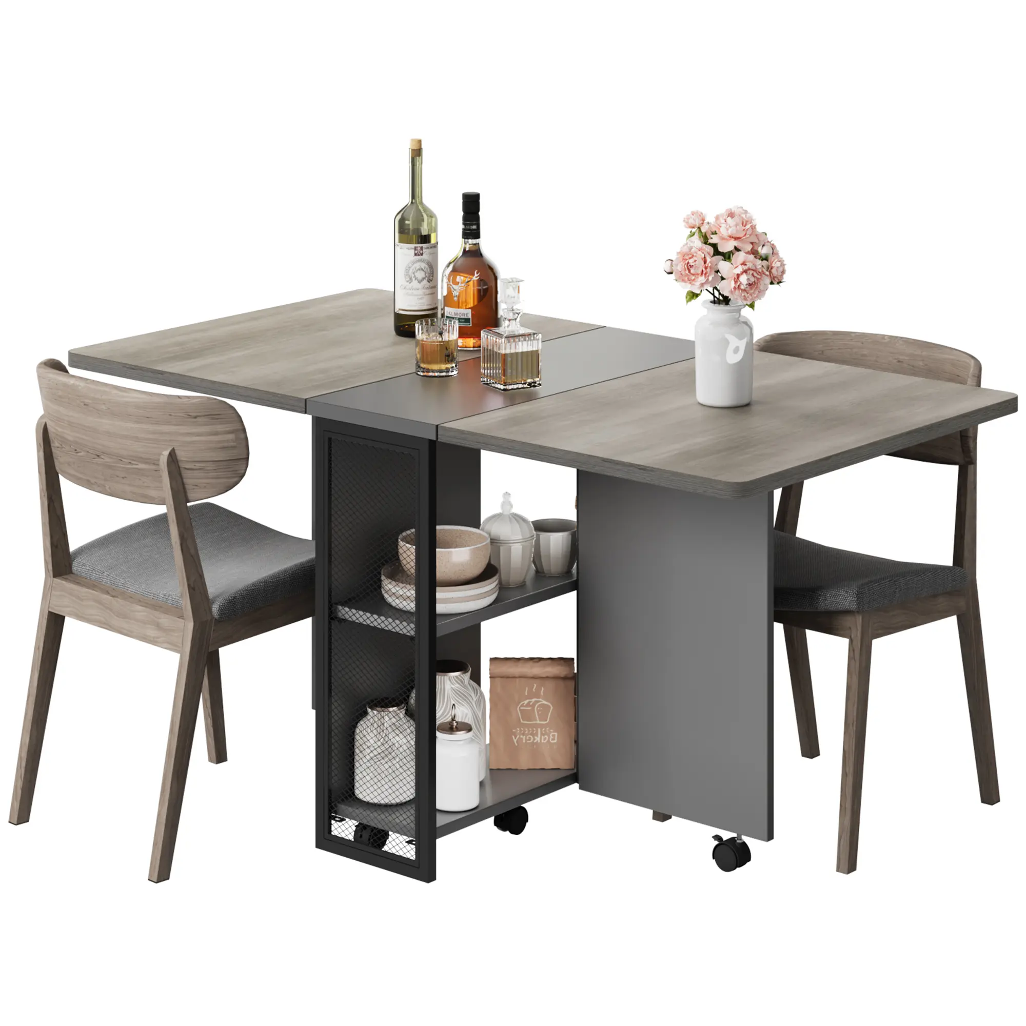 Foldable Dining Table - Adjustable Rectangle Indoor Table with Expandable Drop Leaf, Wheels, 2-Tier Storage - Light Brown/White - Space-Saving for Kitchen, Living Room, Adjustable Table