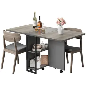 Folding Dining Table – Expandable, Wheels, Drop Leaf – 2-Tier Storage – Light Brown/White – For Kitchen, Living Room – Space-Saving