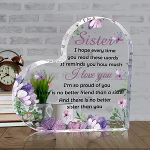 2D Flat, Sister Birthday & Sister Gift Acrylic Plaque - Name & Date Desk Decor with Sister Phrase " Sister Language" - Christmas, Wedding, Mother's Day for - Sentimental Token for Office or Display