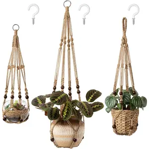 TRAIL RECKONING 3 Pack Macrame Plant Hangers Indoor Different Size Hanging Planter Basket Flower Pot Holder with Beads No Tassels 35"/29"/23", Medium, Brown
